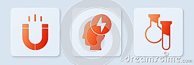 Set Head and electric symbol, Magnet and Test tube and flask. White square button. Vector Vector Illustration