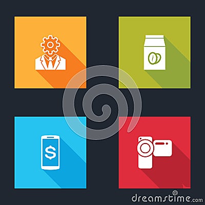 Set Head with gear inside, Coffee beans bag, Smartphone dollar and Cinema camera icon. Vector Vector Illustration