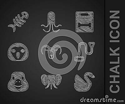 Set Head of goat or ram, Elephant, Swan bird, Collar with name tag, Goose, Owl, Dog bone and Fish skeleton icon. Vector Vector Illustration