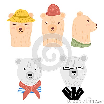 Set head polar and brown bears on white background. Cheerful character woman in hat and necklace, man with beanie, cabin boy and Cartoon Illustration