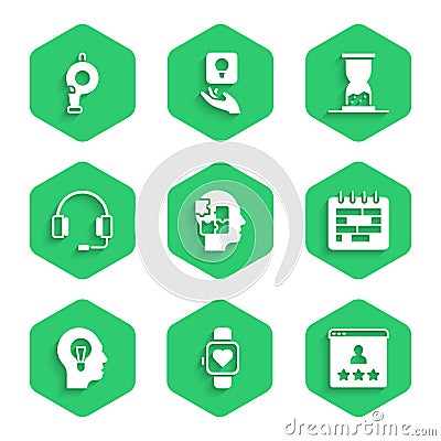 Set Head puzzles strategy, Smart watch, Customer product rating, Calendar, Human with lamp bulb, Headphones, Old Vector Illustration