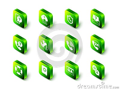 Set Head with question mark, Telephone 24 hours support, Envelope, Question and Answer, and User manual icon. Vector Stock Photo