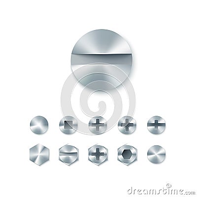 Set of head screws and bolts, nails and rivet isolated on white background. Vector illustration Vector Illustration