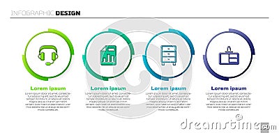 Set Headphones, Document with graph chart, Archive papers drawer and Identification badge. Business infographic template Vector Illustration