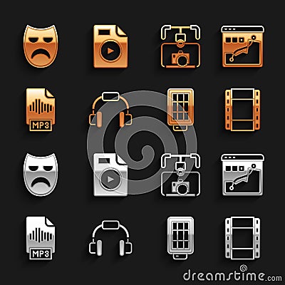 Set Headphones, Histogram graph photography, Play Video, Softbox light, MP3 file document, Gimbal stabilizer with camera Vector Illustration