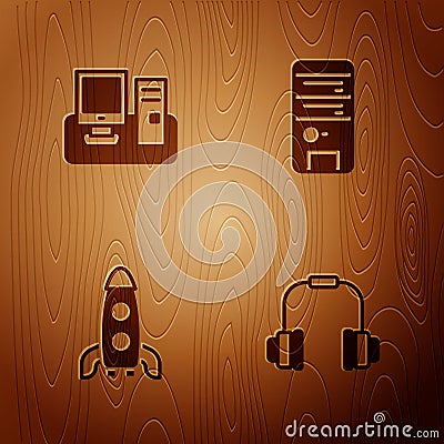 Set Headphones, Monitor with keyboard, Rocket ship and Computer on wooden background. Vector Stock Photo