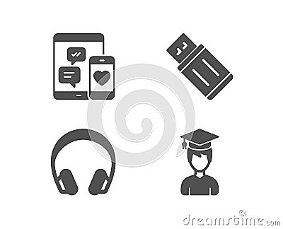 Headphones, Social media and Usb flash icons. Student sign. Vector Illustration