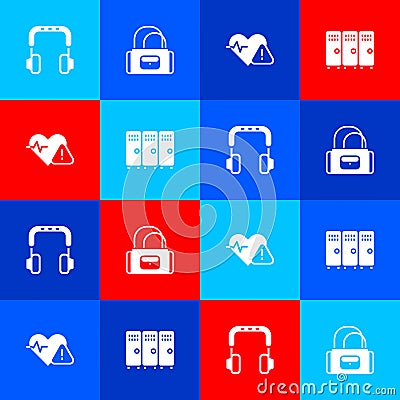 Set Headphones, Sport bag, Heart rate and Locker changing room icon. Vector Stock Photo