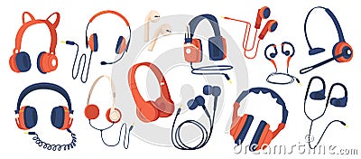 Set of Headphones, Wired and Wireless Earphones, Audio Equipment for Music Listening. Earbuds for Smartphone Isolated Vector Illustration