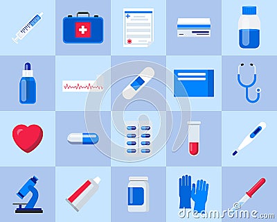 Set of health care and medicine. Medical and pharmaceutical preparations and drugs. Medicine bottle and medications Vector Illustration