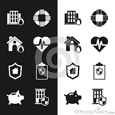 Set Health insurance, Fire burning house, Lifebuoy, House with shield, Document, and Piggy bank icon. Vector Stock Photo