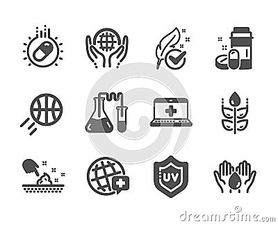 Set of Healthcare icons, such as Uv protection, Wash hands, World medicine. Vector Vector Illustration