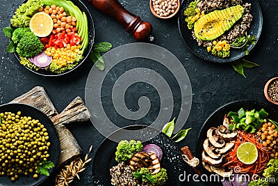A set of healthy food on a black stone table. Bowl Buddha. Top view. Free space Stock Photo