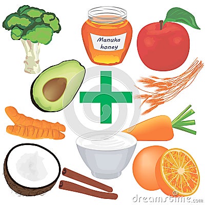 Set of Healthy food for good digestion. Dieting meal Vector Illustration