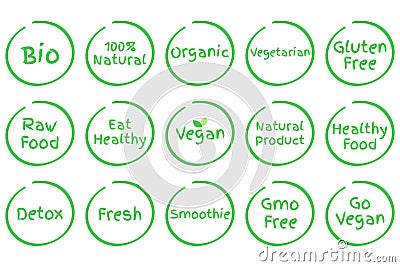 Set of Healthy Food vector symbols. Vegan, Bio, Organic, Fresh etc. Vector Illustration