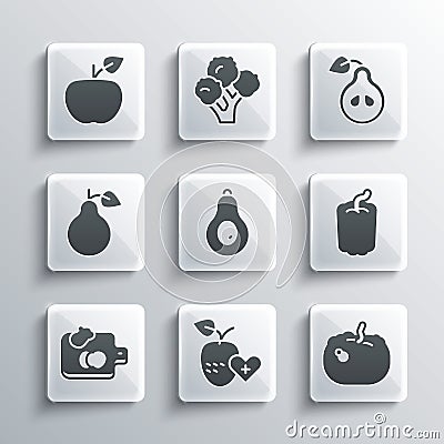 Set Healthy fruit, Pumpkin, Bell pepper, Avocado, Cutting board with vegetables, Pear, Apple and icon. Vector Vector Illustration