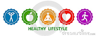 Set healthy lifestyle icons, buttons of dumbbells, apple, yoga, heart and run â€“ stock vector Vector Illustration