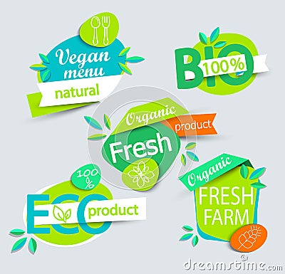 Set of healthy organic food labels. Vector Illustration