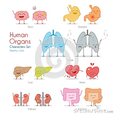 Set of healthy and sick human organs in cartoon style. Vector Illustration