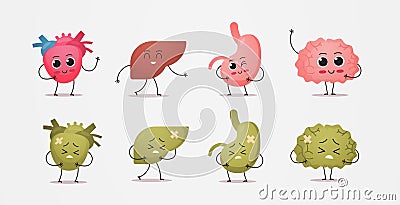 set healthy and unhealthy mascot heart liver stomach brain characters sick damaged green human body internal organs Vector Illustration