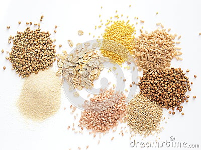 Set of heap various grains and cereals isolated Stock Photo