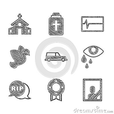 Set Hearse car, Memorial wreath, Mourning photo frame, Tear cry eye, Speech bubble rip death, Dove, Beat dead monitor Vector Illustration