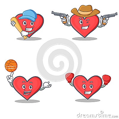 Set of heart character with baseball cowboy basketball boxing Vector Illustration