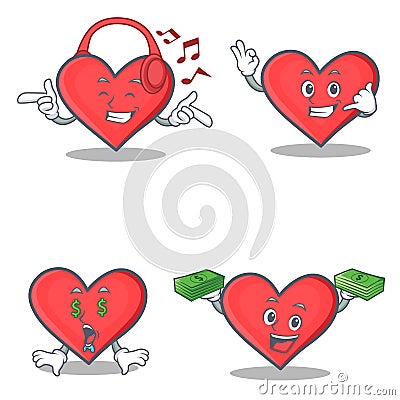 Set of heart character with listening music call me money eye Vector Illustration