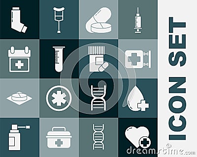 Set Heart with a cross, Donate drop blood, Hospital signboard, Medicine pill or tablet, Test tube and flask, Doctor Vector Illustration