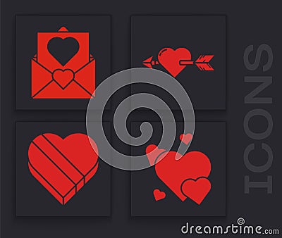 Set Heart, Envelope with Valentine heart, Amour with heart and arrow and Candy in heart shaped box icon. Vector Vector Illustration