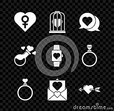 Set Heart with female gender, in the bird cage, speech bubble, Wedding rings, Envelope Valentine heart, Amour and arrow Vector Illustration