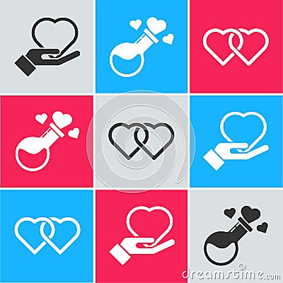 Set Heart on hand, Bottle with love potion and Two Linked Hearts icon. Vector Vector Illustration