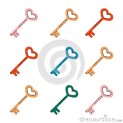 Set of heart keys silhouettes. Hand drawn colored love keys. Colored vintage door keys set. Vector Illustration