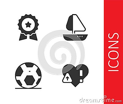 Set Heart rate, Medal with star, Soccer football ball and Yacht sailboat icon. Vector Vector Illustration