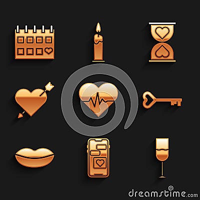 Set Heart rate, Mobile with heart, Wine glass, Key shape, Smiling lips, Amour and arrow, the center hourglass and Vector Illustration