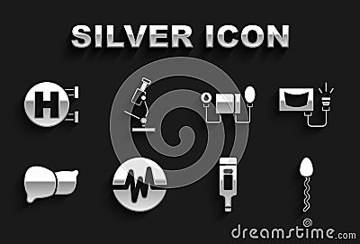 Set Heart rate, Ultrasound, Sperm, Digital thermometer, Human organ liver, Blood pressure, Hospital signboard and Vector Illustration