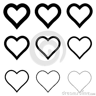 Set heart shape icons, vector symbol of love and romance hearts with thick outline stroke Vector Illustration