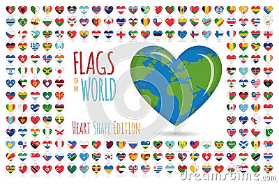 Set of 204 heart shaped flags of all the sovereing countries of the world icon set Vector Illustration Vector Illustration