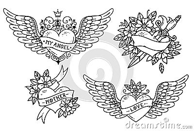 Set of Heart Tattoos in Old school style Vector Illustration