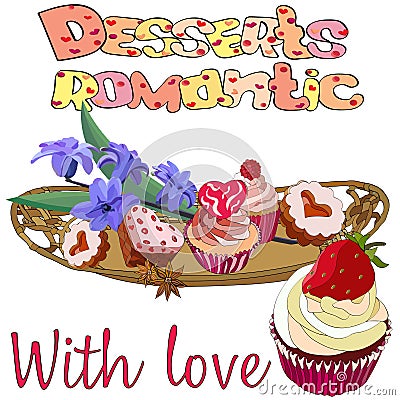 Set of hearts desserts on a tray Vector Illustration