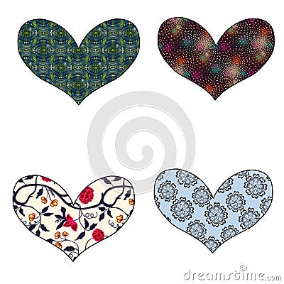 Set of decoration patterned heart with style mandalas. Vector Illustration