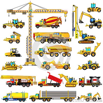 Set of heavy construction machines, icons, isolated, vector Vector Illustration