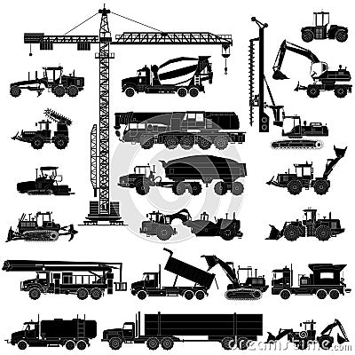 Set of heavy construction machines silhouettes, icons, isolated Vector Illustration