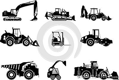 Set of heavy construction machines. Vector Vector Illustration