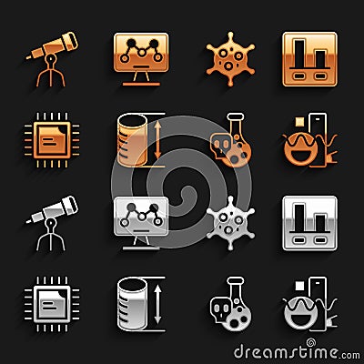 Set Height geometrical figure, Graph chart infographic, Basic shapes, Test tube with toxic liquid, Processor CPU, Virus Vector Illustration