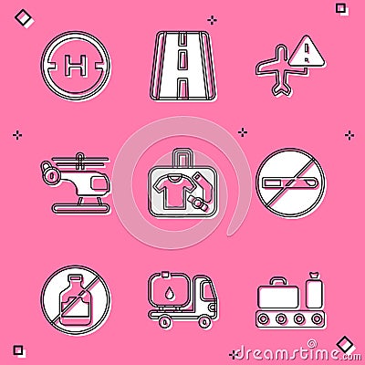 Set Helicopter landing pad, Airport runway, Warning aircraft, Suitcase, No Smoking, alcohol and Fuel tanker truck icon Vector Illustration