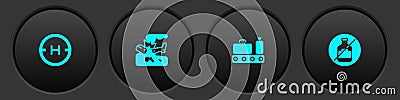 Set Helicopter landing pad, Plane crash, Conveyor belt with suitcase and No alcohol icon. Vector Vector Illustration