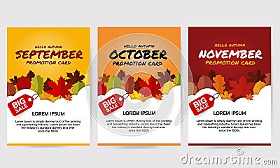 Set of hello autumn banner with leaves, september, october, november promotion card. Big sale banner template. Flat vector illustr Vector Illustration