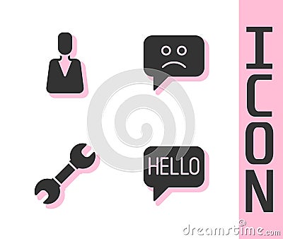 Set Hello in different languages, Employee, Wrench spanner and Sad smile icon. Vector Stock Photo