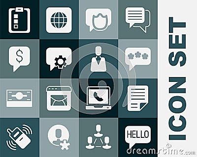 Set Hello in different languages, File document, Speech bubble chat, Telephone 24 hours support, Paid, Online quiz, test Vector Illustration